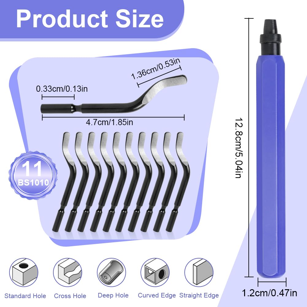 flintronic Narzędzie do usuwania zadziorów, zestaw narzędzi do gratowania, 1 x metalowy uchwyt gratowania + 11 x BS1010 HSS ostrza obrotowe o 360°, metalowe ostrza do usuwania zadziorów do rur druku 3D, plastiku, aluminium, miedzi, PCW i stali