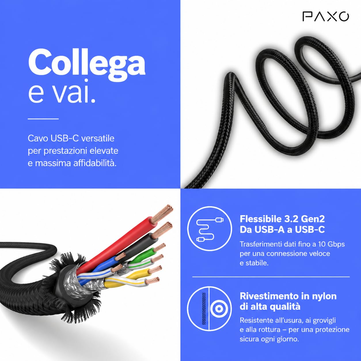 PAXO Cavo USB C 0,5m USB 3.2 Gen2 10 Gbit/s Nero