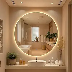 Espelho Redondo Lopazzi 60x60cm com LED Touch – Moderno para Banheiro, Quarto e Closet Iluminação Ajustável