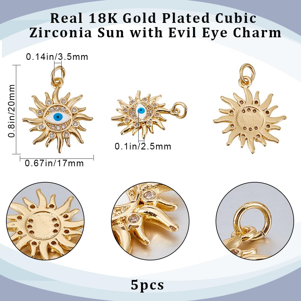 Beebeecraft 1 Box 5Pcs Evil Eye Charm 18K Gold Plated Cubic Zirconia Celestial Sun Blue Turkish Eye Enamel Pendants Charms with Jump Rings for Jewelry Making DIY Crafts - Image 2