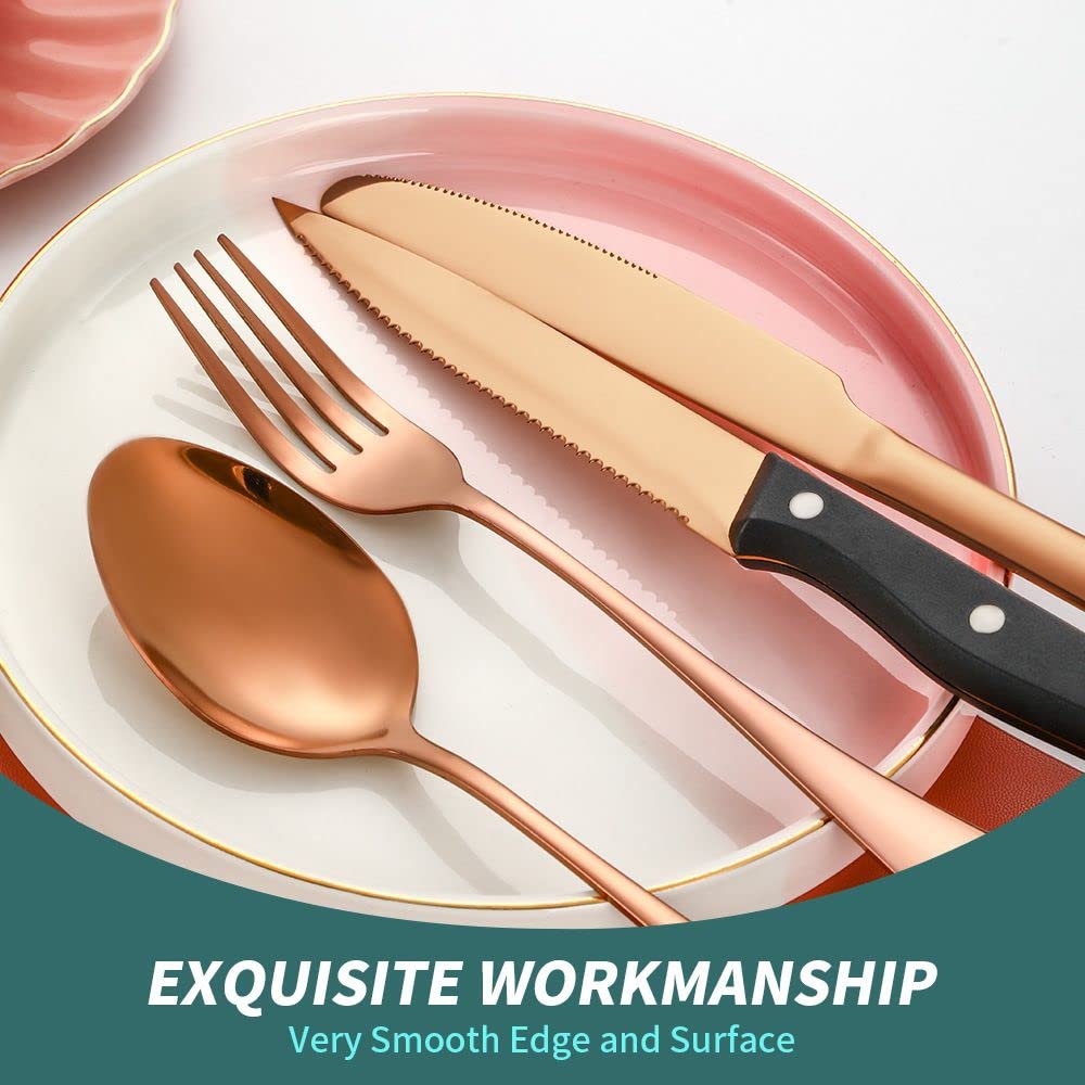 (24 piezas) Juego de cubiertos de cocina de acero inoxidable para 6, cuchillo de carne, tenedor, cucharaditas, comida occidental, postre, banquete, hotel, restaurante (oro rosa)