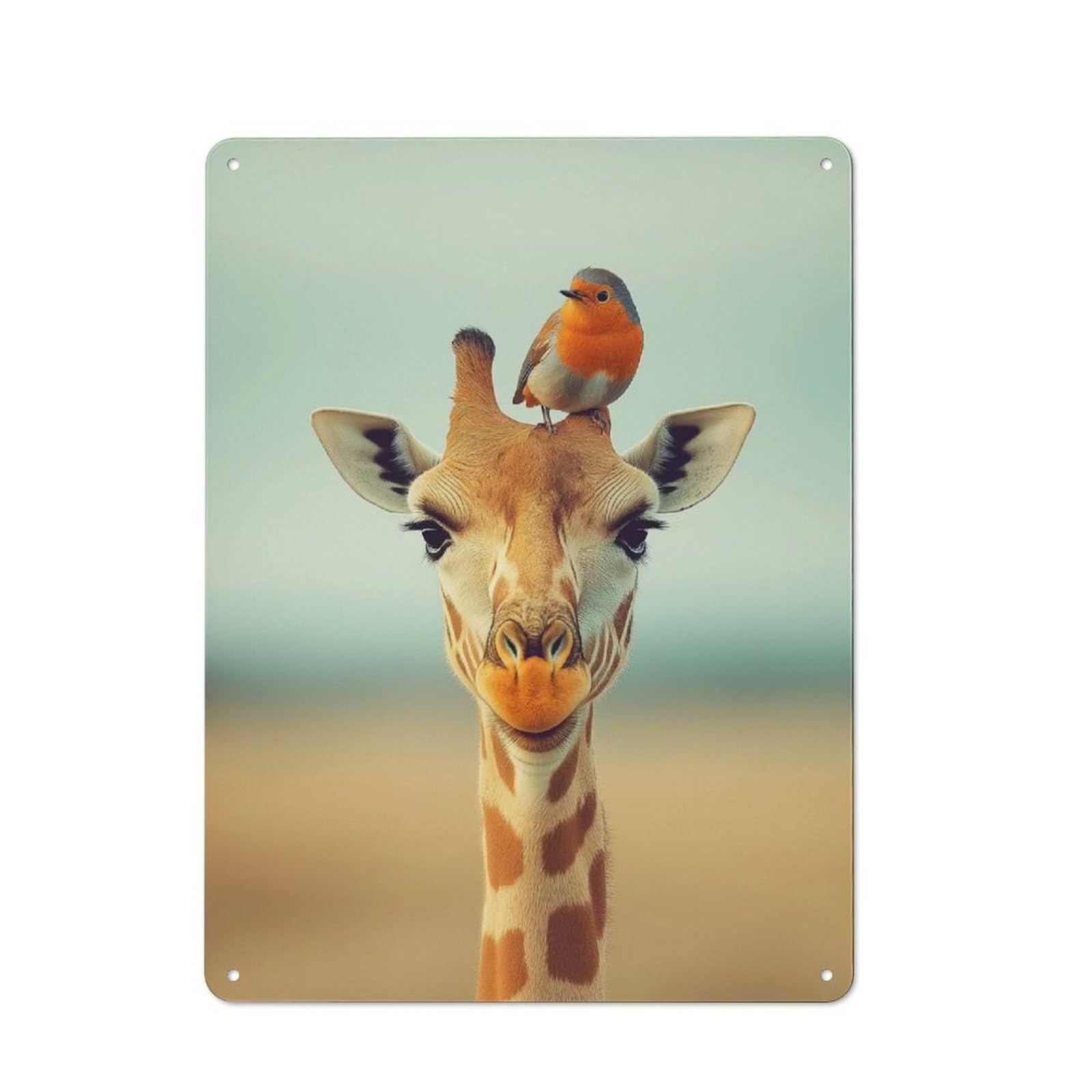 Junmoney Giraffe Wildlife In Africa And Robin On Head Retro Printed Metal Sign 40X30cm For Living Room Wall, Wall Decor For People Reorganising Living Room