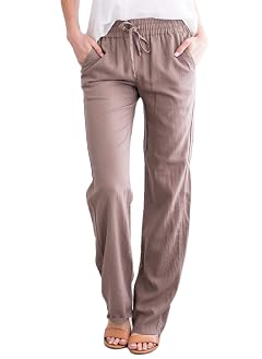 Andongnywell Womens Elastic Drawstring Linen Long Pants Palazzo Linen Casual Trousers Oceanside Pant with Pockets