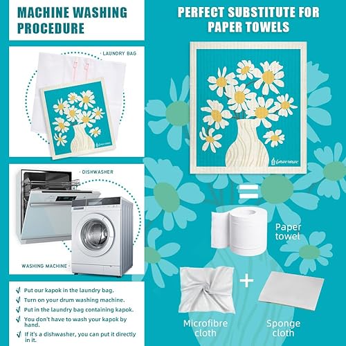 Miniatura 2 de GONG GONG 4 piezas+4 clips Suecos Platos para Cocina Paños de Esponja de Celulosa Paño de Limpieza Ecológico Paño Reutilizable Plato 6.7 × 7.87