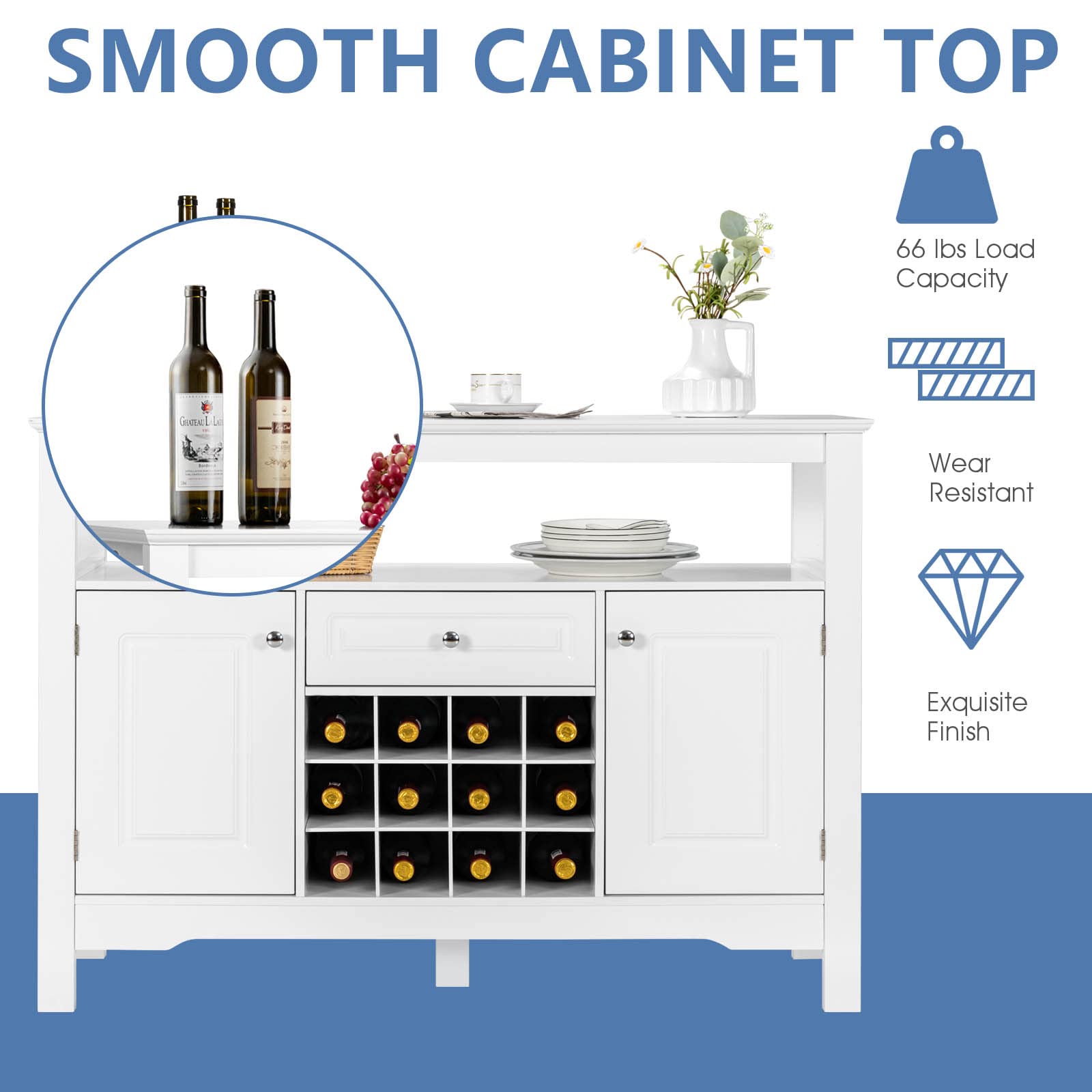 LIFEZEAL Credenza Cucina, Mobile Soggiorno, Madia, Armadietto, Bianco, con Cassetto, 2 Ante, 2 Ripiani, 12 Portabottiglie Rimovibili, Moderno, per Salotto, Sala da Pranzo, Bar, Legno, 117x40,5x85,5cm