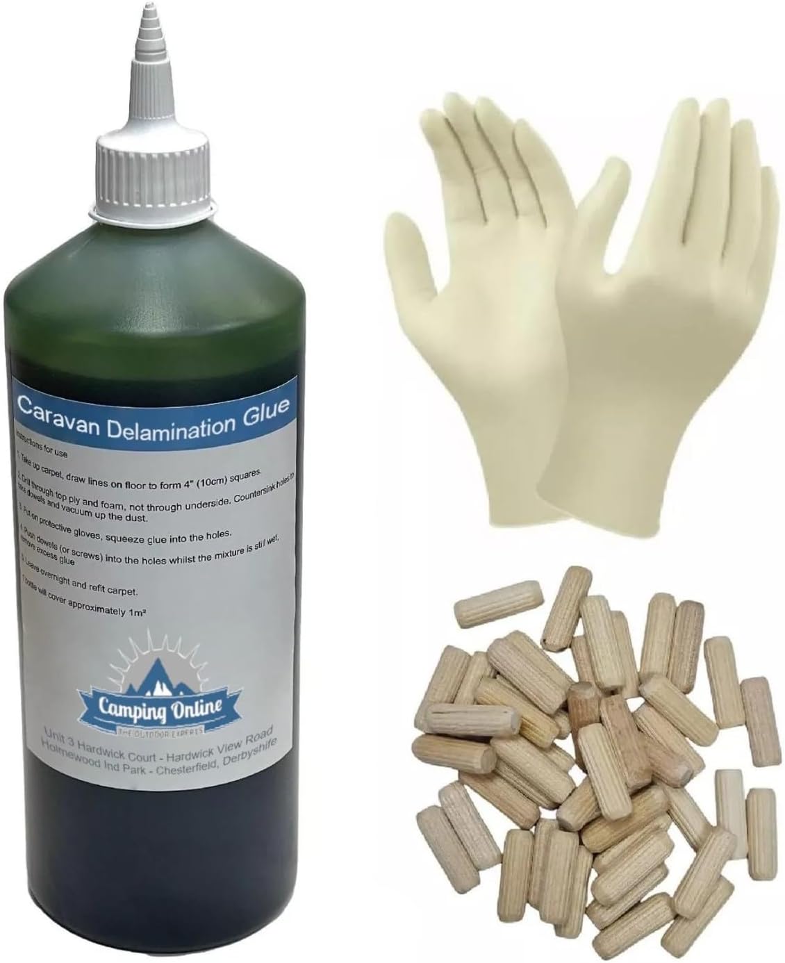 Green Polyurethane One Shot Adhesive Caravan Floor Delamination Repair Kit + 30 Dowells + Latex Gloves