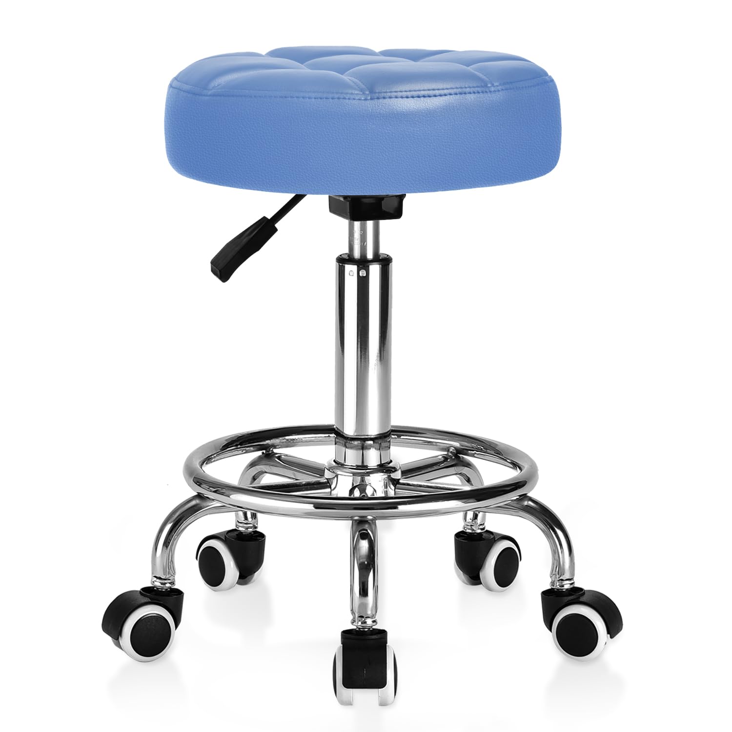 YEEZEE Adjustable Rolling Stool with Wide 14.6" Plush Seat for Salon, Blue