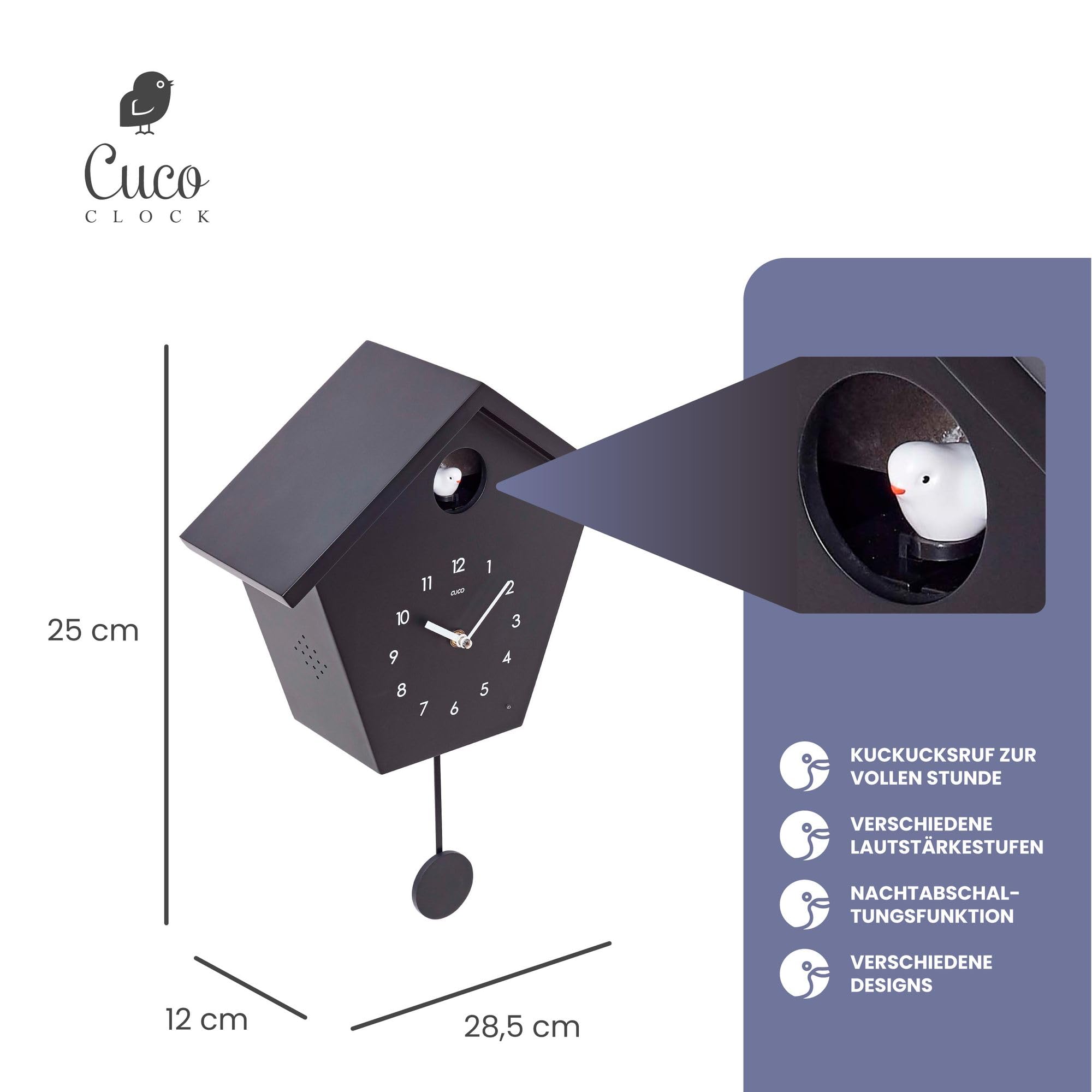 Orologio A Cucù Moderno Foresta Nera | 25x28,5x12cm | Con Canto Uccelli | Funzione Notturna | Pendolo - Foto 6