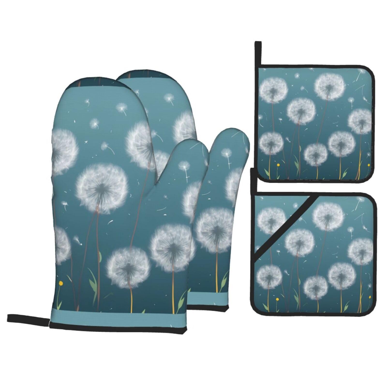 HJFCZH Dandelions Blow in The Wind Picture Kitchen Baking Set of 4 Thick Insulated Oven Mitt & Pot Holders, Anti-Scalding for Microwave, Oven, Outdoor BBQ