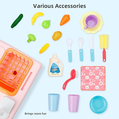 Vista 4 de BOBXIN Fregadero de juego con agua corriente, fregadero de juguete de cocina para niños pequeños, juego de roles eléctrico para lavavajillas, juego