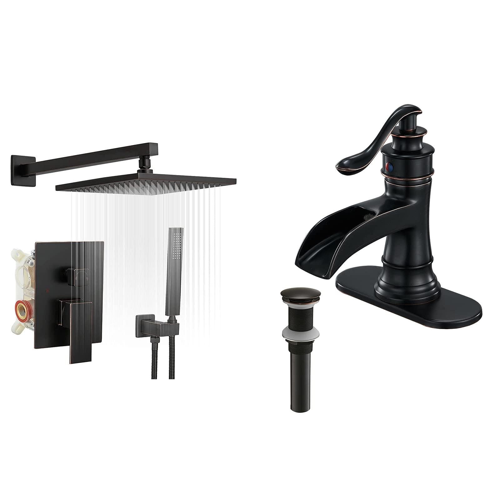 Sxithgkdw Bronze Waterfall Bathroom Faucet And Pop Up Drain Without Overflow Bundle Shower System Rainfall Shower Head 10 Inch Oil Rubbed With Handheld Spray Mixer Wall Mounted