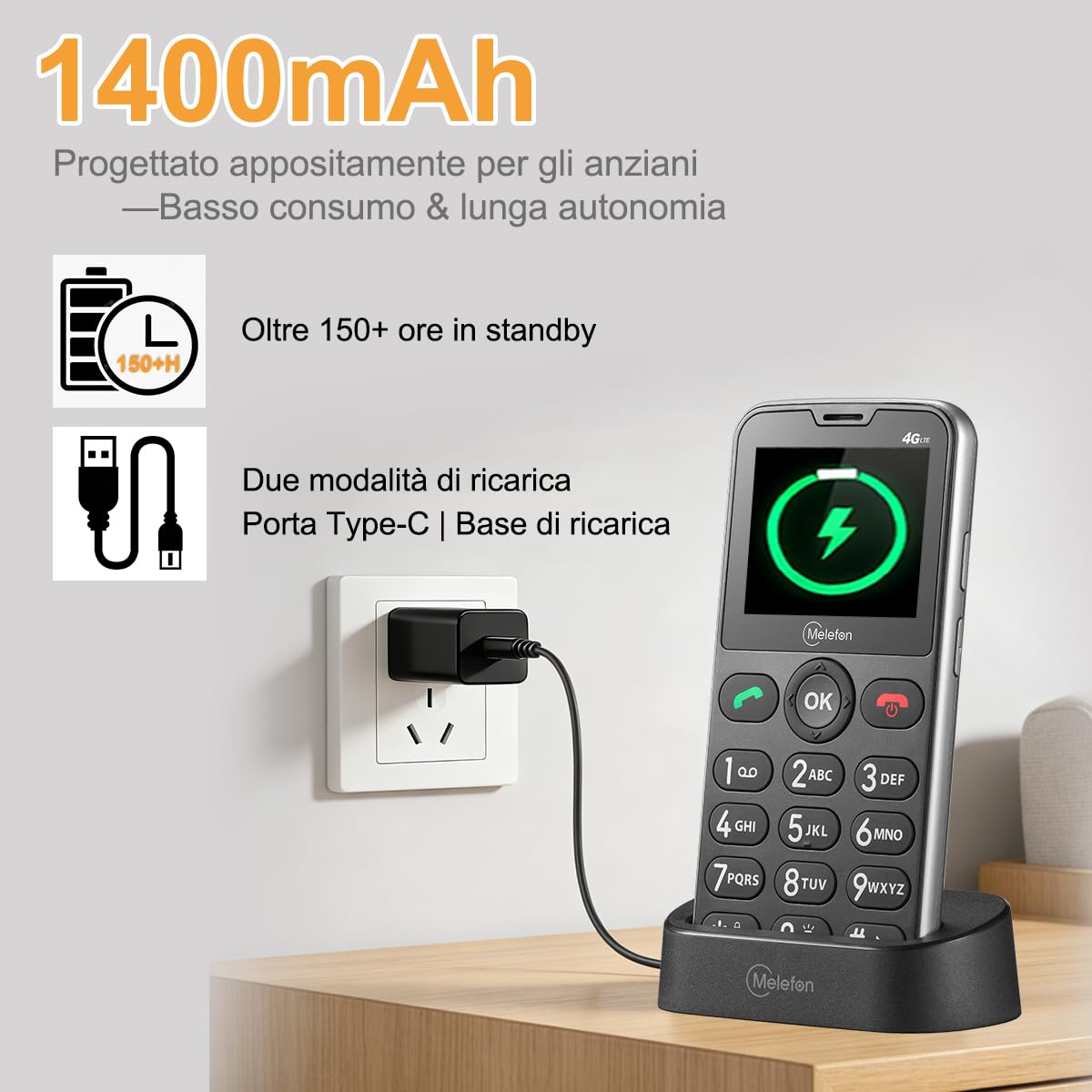4G Telefono per anziani con tasti grandi,Cellulare senza contratto con volume alto,funzione di chiamata SOS e base di ricarica, cellulare adatto agli anziani(Nero)