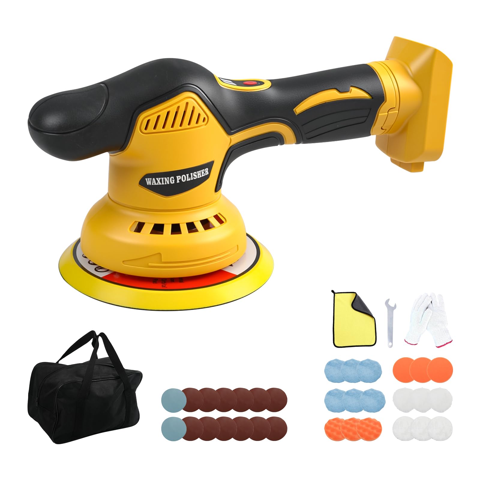 Pulidora de almohadilla inalámbrica para coche compatible con batería DEWALT 20V, 8 velocidades variables, pulidora orbital de 6 pulgadas, para detalle de cera, pulido (amarillo)