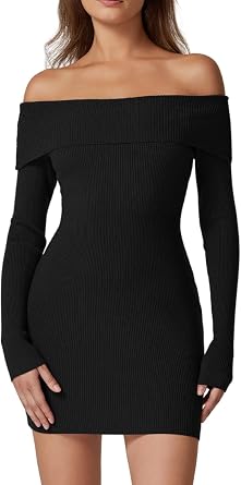 QINSEN Womens Off The Shoulder Ribbed Knit Sweater Dress Folded Neck Long Sleeve Mini Dress 2024 Trendy Fall Outfits