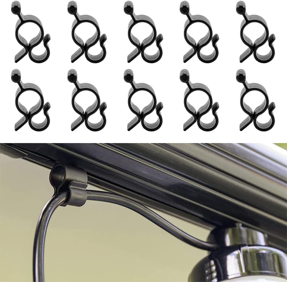10 Pcs Black Awning Clips for Camper and Travel Trailer - Standard Hooks for Rope Lights, Party Lights, RV Lights - Fits Awning Roller Bar Channels, Ideal for Awnings, Screens, and Outdoor Accessories