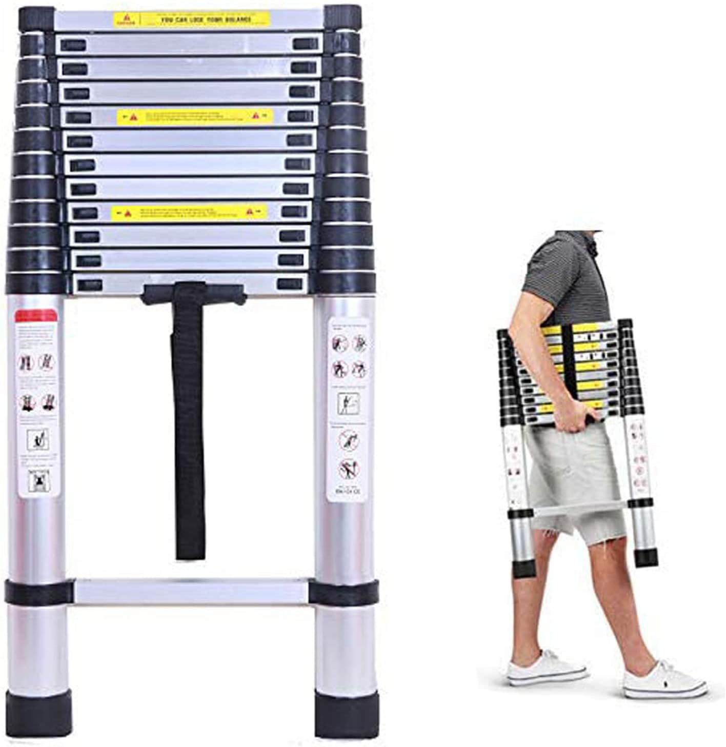 Heavy Duty Telescoping Extension Ladder 16.4ft Aluminum Portable Ladder 330lb Capacity EN131 Certificated 13 Extendable Steps Folded Height 3.2ft, Adjustable Height, Easy to Transport