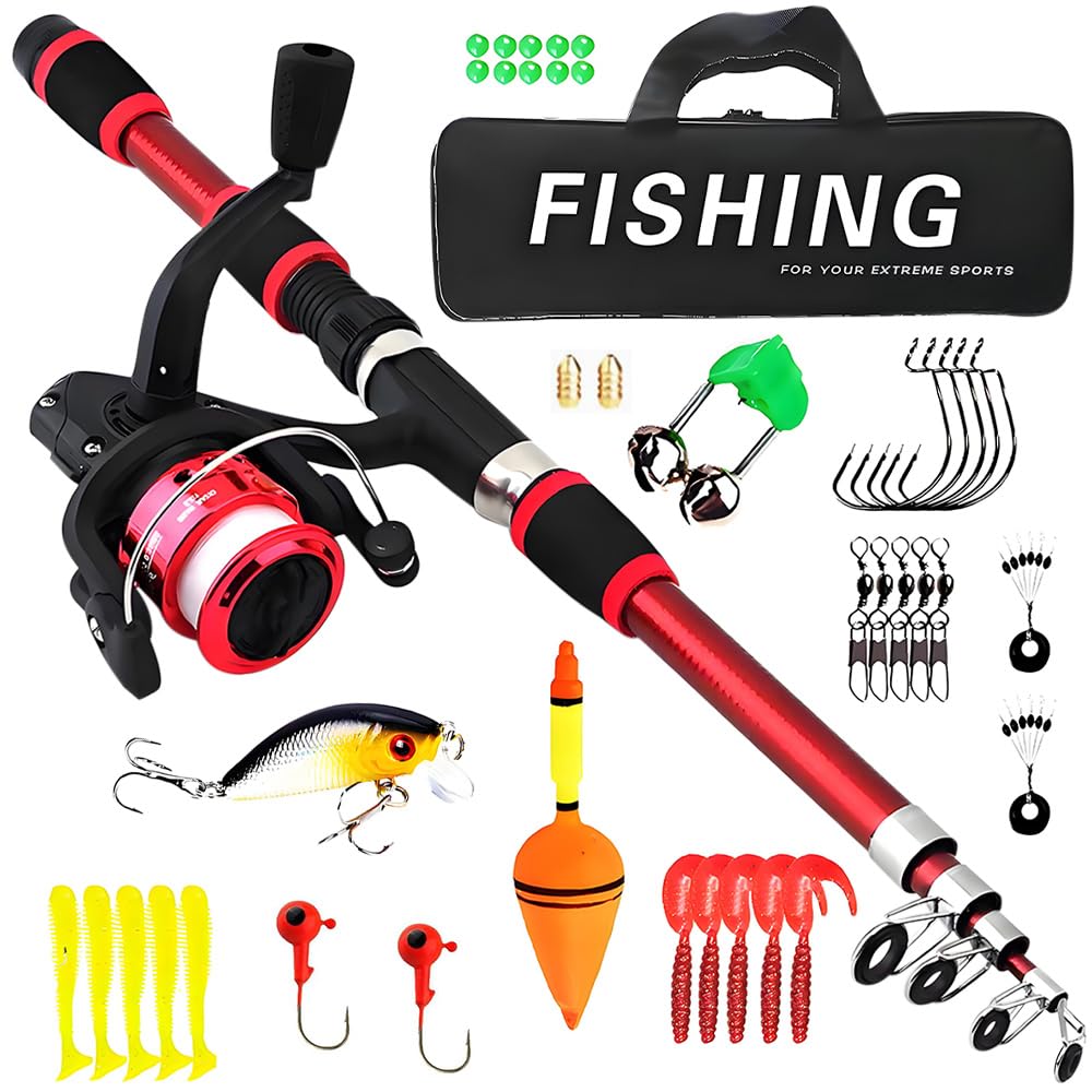Set de Pesca para Niños, 1,8 M Caña de Pescar Telescópica con Carrete y Juego de Cebo, Caña de Pescar Telescópica de Fibra de Carbono, Accesorios para Niños de 3 a 10 Años