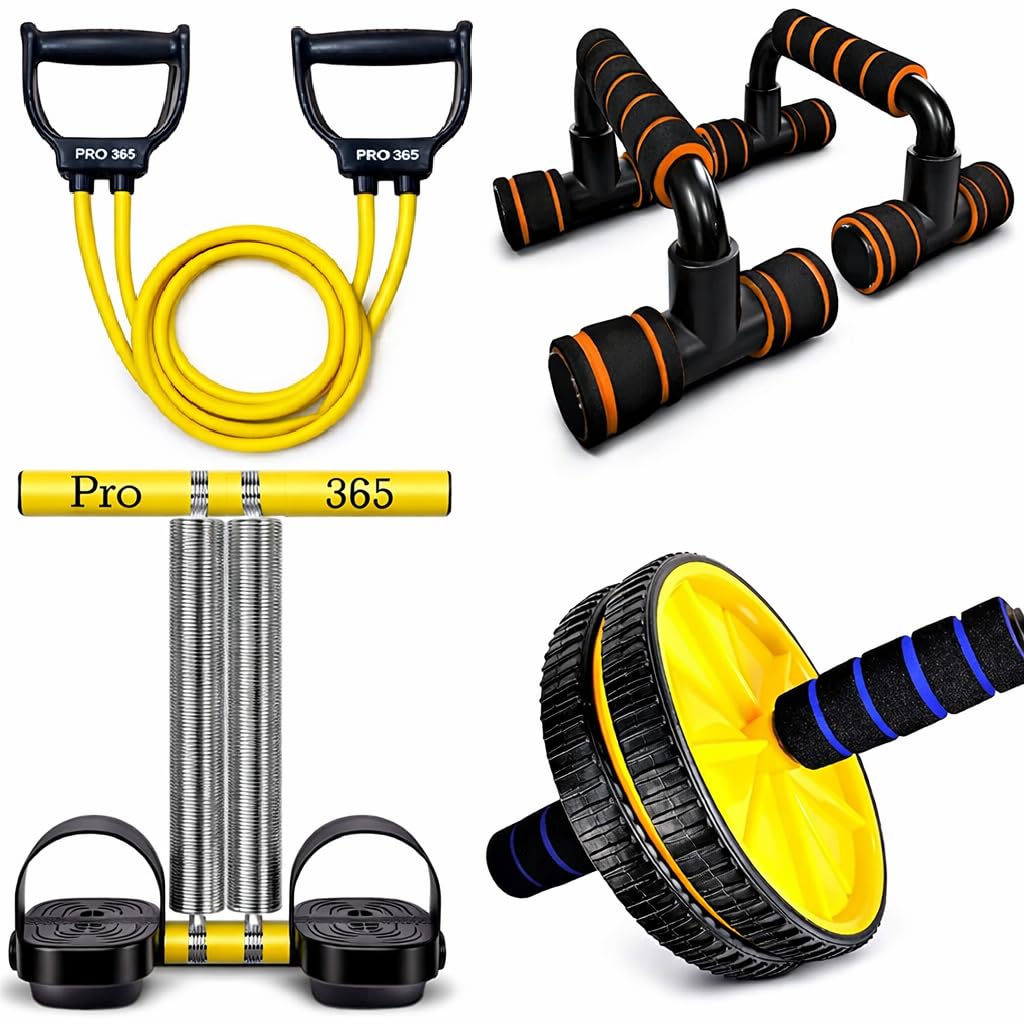 PRO365 Ultimate Home Workout Combo – 4-Piece Fitness Kit with Ab Roller, Push-Up Bars, Tummy Trimmer & Toning Tube