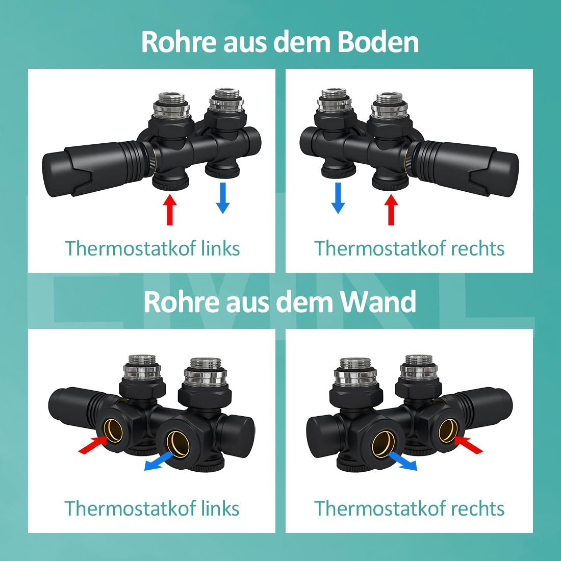 EMKE Multiblock Heizkörper Ventil-Armaturen, Hahnblock Heizungszubehör Eck und Durchgangsform 50mm, Ventilhahnblock Heizkörperventil mit Thermostat (Für 15mm+16mm Rohre * G1/2", 1 Stück, Schwarz)
