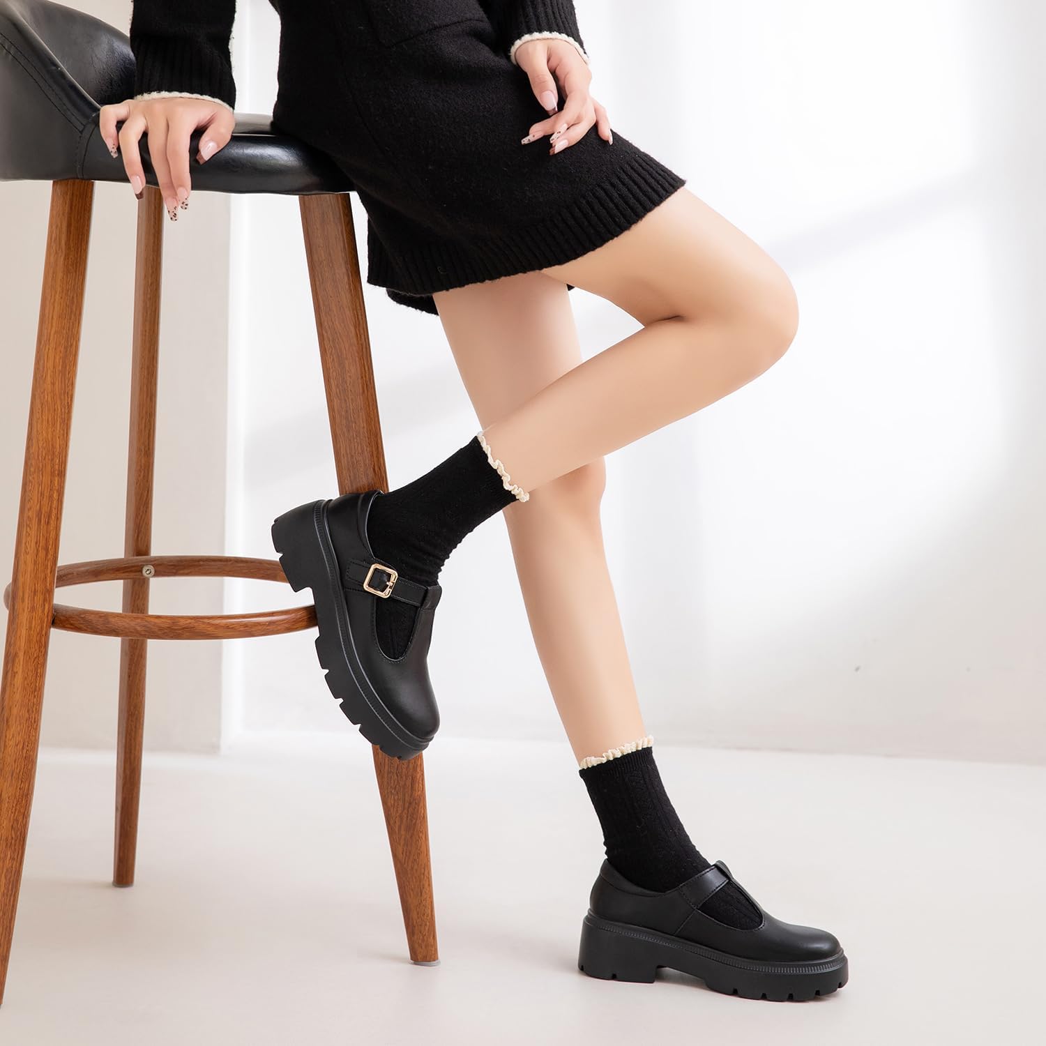 Ruiatoo Women's Mary Jane Platform Loafers - Cute Low-Heel Oxford Pumps for Work, Church, School, Dress Wedding Party Shoes (3966, Black 37) - Image 7