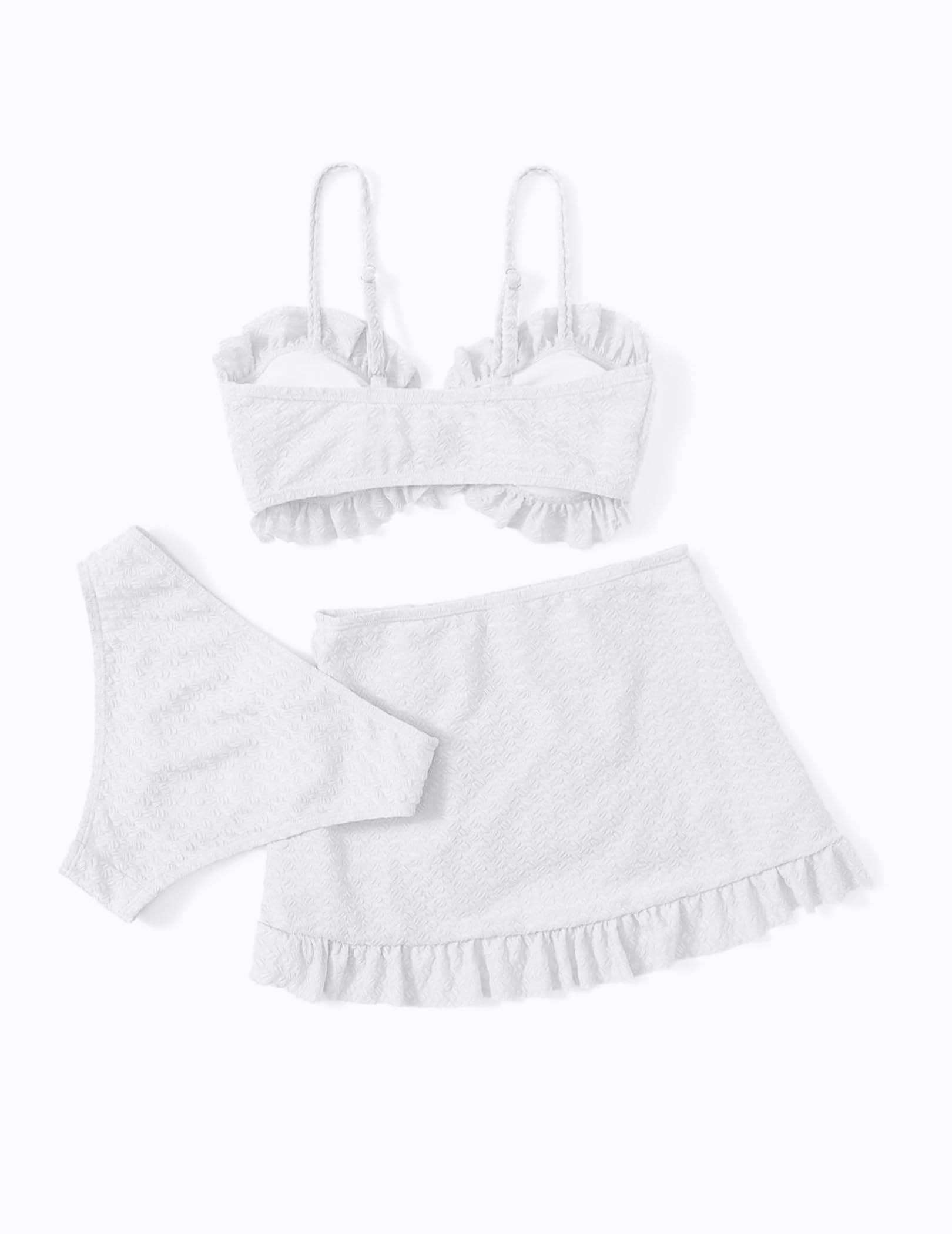 Arshiner 3er Bikini Set Mädchen Badeanzug Krawatte Front RuffleTrim Bikinioberteil mit Triangel Bikinihose und Rock Kinder Bademode Badebekleidung Weiß 13-14 Jahre