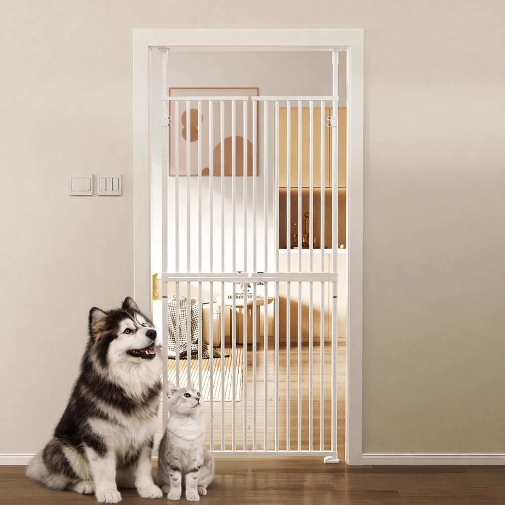 Aboron 76" Extra Tall Cat Gate for Doorway, 37.4"-40.5" Wide, No Drilling Pressure Mounted Double Doors for Stairs/Hallways/House, 1.25" Narrower Bar Spacing, White