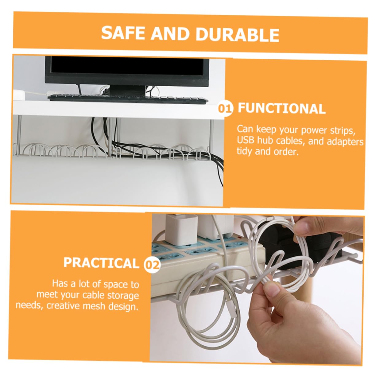 Organizador de Cables de Hierro Blanco Debajo del Escritorio para Regletas | Malla Resistente, Instalación Sencilla, Mantiene Adaptadores y Cables Ordenados, para Dormitorio y Sala