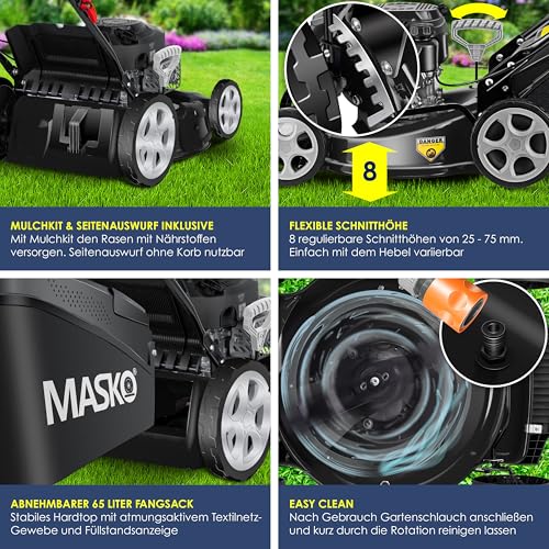 MASKO® Benzin Rasenmäher 5in1 | 51 cm Schnittbreite | 8- fache Schnitthöhenverstellung | 4 Takt OHV Motor 6,0 PS | 65 Liter Fangkorb| Inkl. Mulch- Kit, Seitenauswurf 3