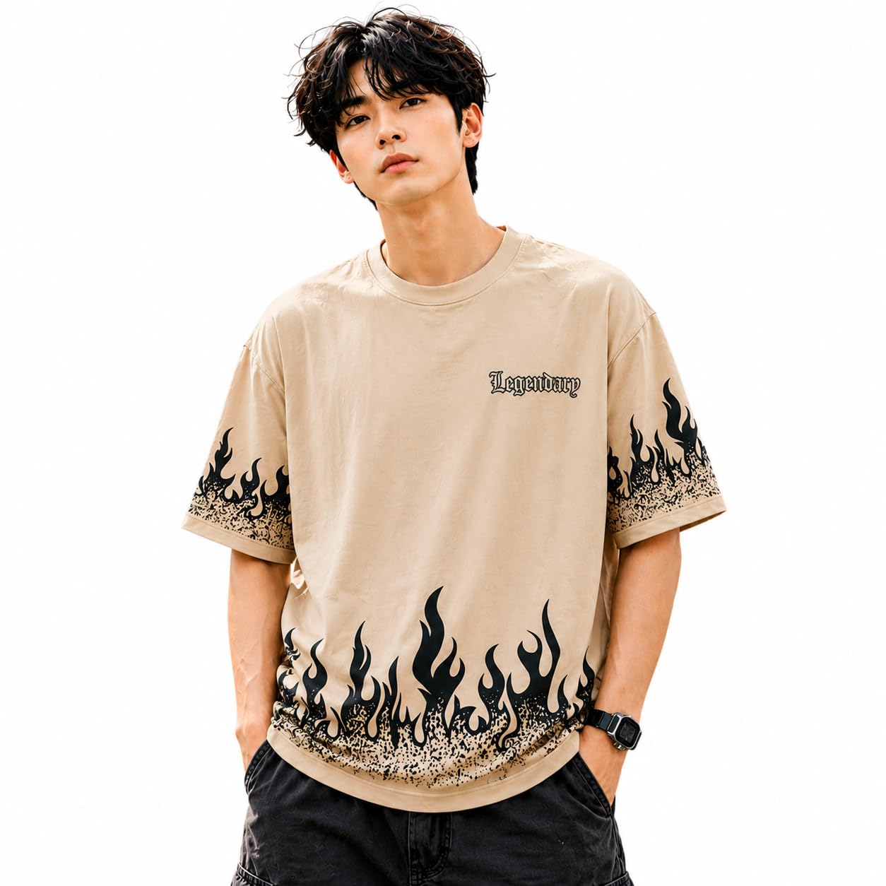 Men’s Oversized Graphic Printed T-Shirt | Beige Flame Print Drop Shoulder Half Sleeve Casual Streetwear Tee-picture-22