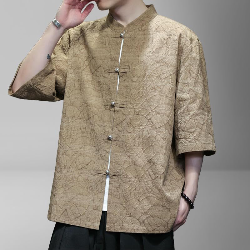 Camisa estilo chino de lino algodón para hombre ropa tradicional vintage holgada manga corta 4