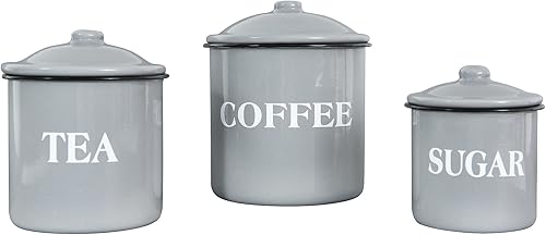Creative Co-Op Recipientes de metal esmaltado con tapas, "café", "té" y "azúcar", gris, juego de 3 tamaños