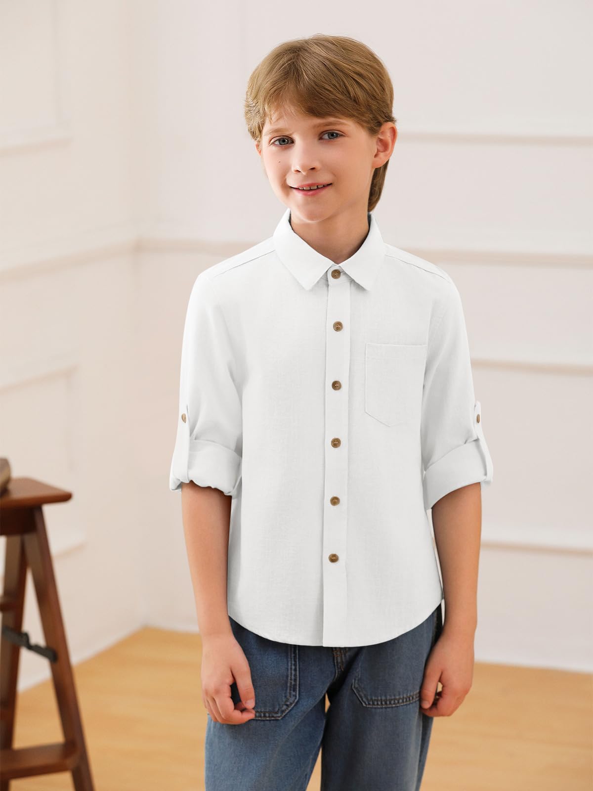 Haloumoning Camicia per bambini in lino con bottoni, a maniche lunghe, con tasca sul petto, 5-14 anni