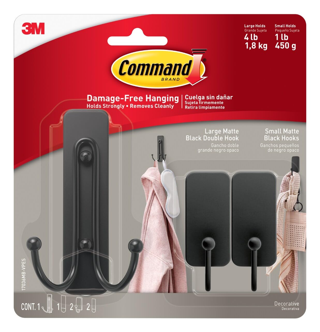Ganchos negros mate Command 17036MB-VPES con 3 tiras adhesivas