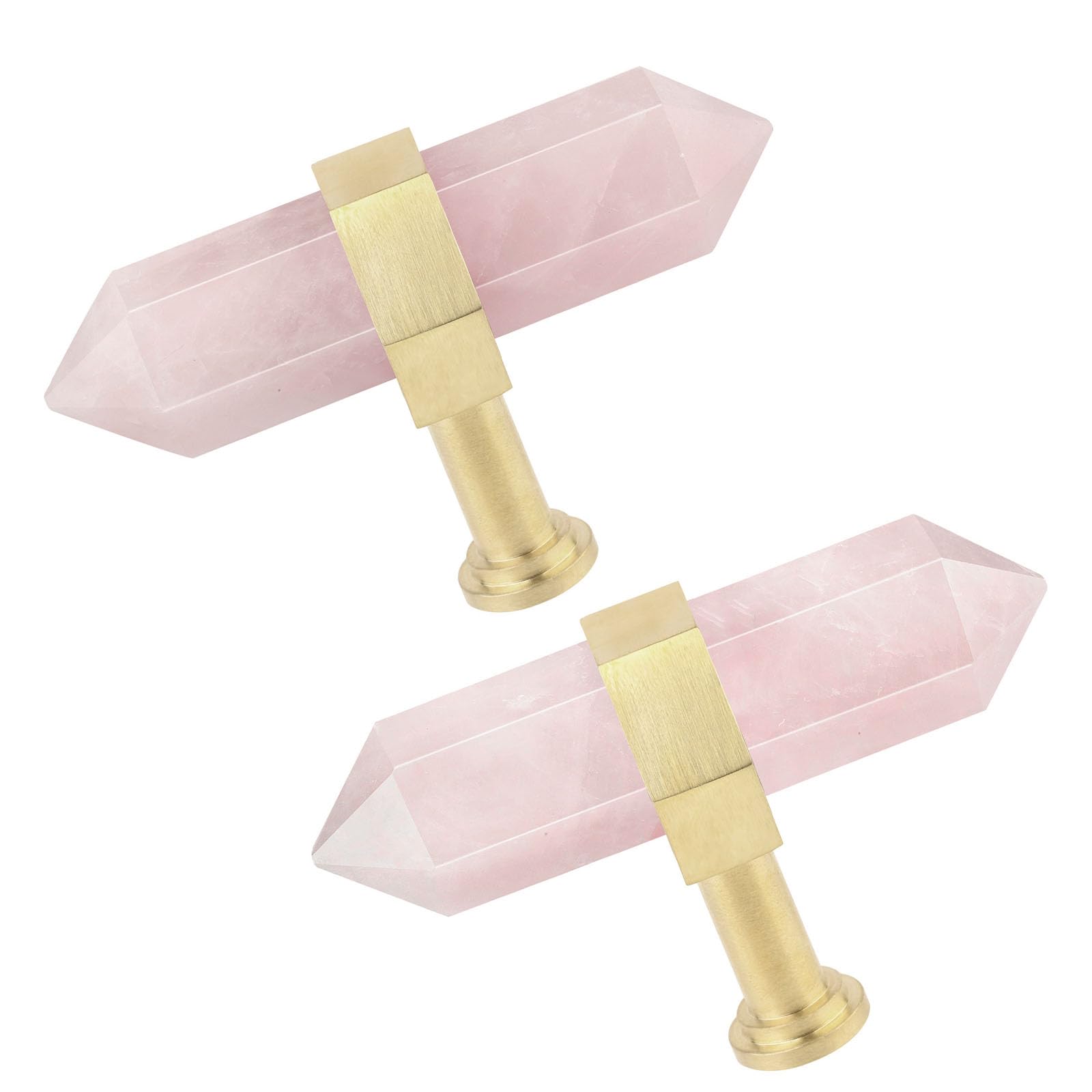 TUMBEELLUWA Pack of 2 Rose Quartz Crystal Points Cabinet Knobs with Screws, Brushed Brass Hexagonal Crystal Stone Prisms Handle Pulls for Kitchen and