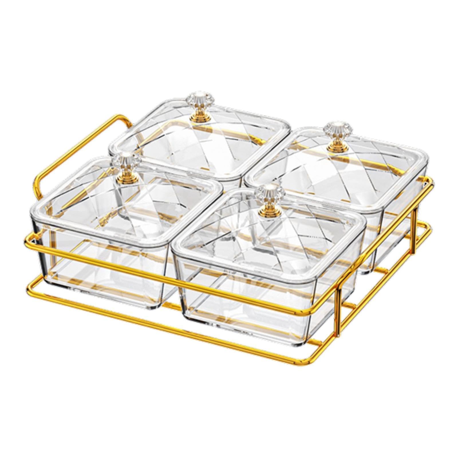 Bandeja Dividida para Dulces con Tapa Plato de Secos Removible para Aperitivos Y Condimentos Apilable Contenedor Decorativo Diseño, Transparente con 4 Rejillas, Individual
