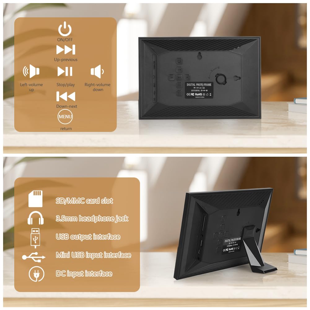 Vicloon 17,8 cm cyfrowa ramka na zdjęcia, HD ekran IPS, odtwarzacz zdjęć/muzyki/wideo/kalendarz/alarm, z pilotem zdalnego sterowania, obsługa kart USB/SD, możliwość montażu na ścianie (bez WiFi)