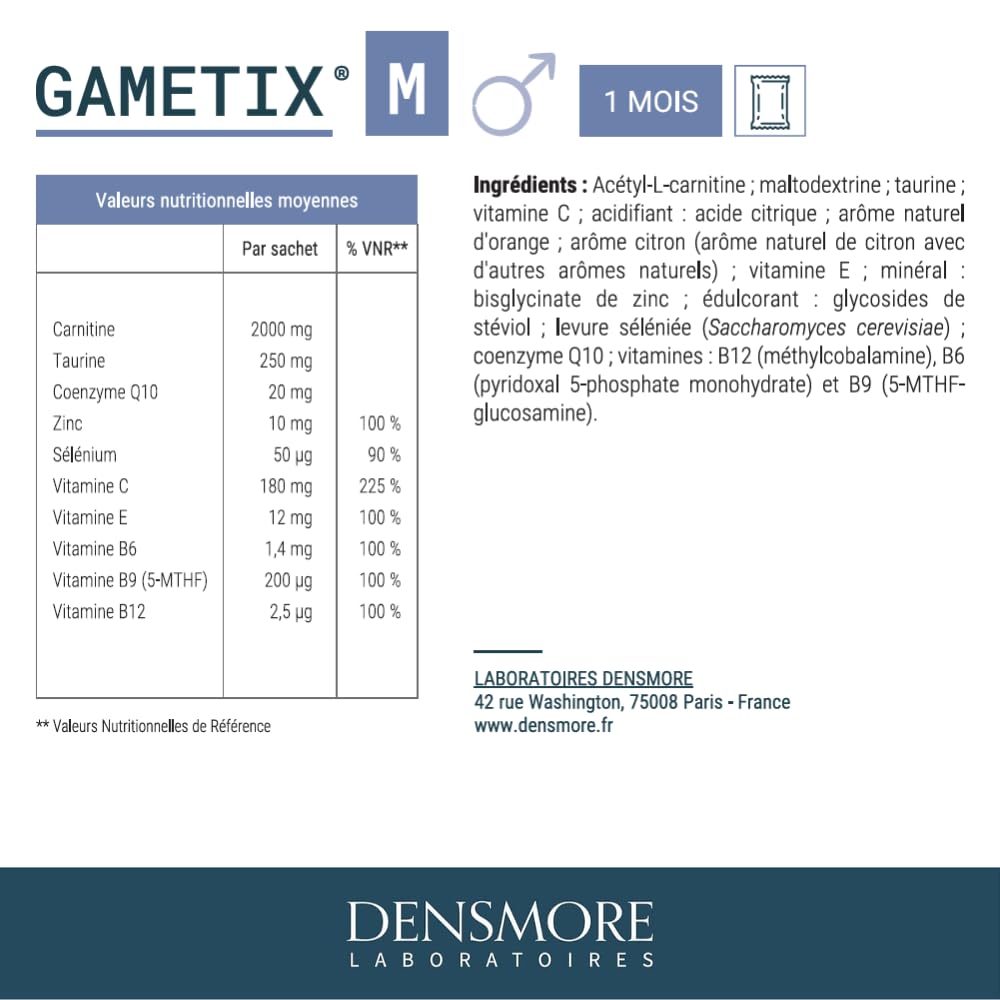 Densmore - GAMETIX M - Complément Alimentaire Fertilité et Reproduction Homme - Vitamines, Minéraux, Zinc, Sélénium, Carnitine, Taurine, Coenzyme Q10 - 30 sachets - 1 mois - Fabriqué en France