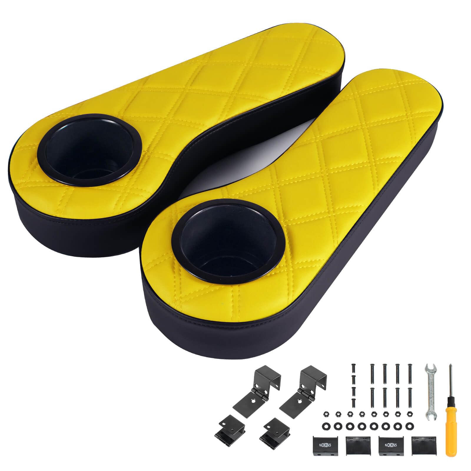 NOKINS Golf Cart Diamond Flip Armrest with Cup Holder, No Drilling Required, Golf Cart Folding Hinged Armrest, Inward Mount, for Club Car EzGo Yamaha