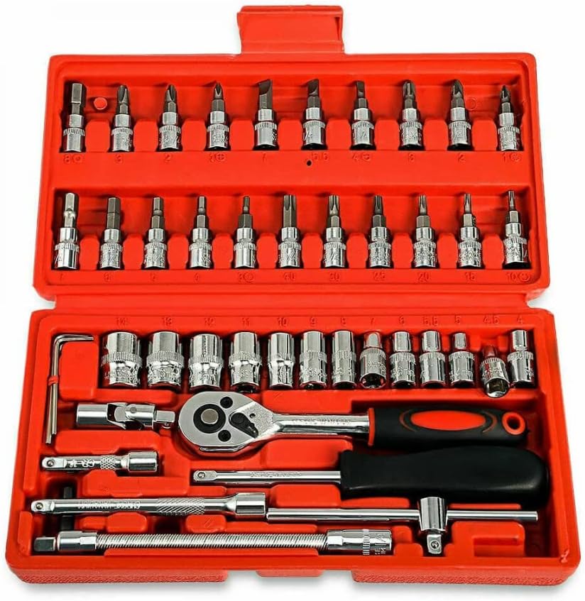 Socket Wrench Set with Chrome Vanadium Steel, 1/4-Inch Drive, Red Carrying Case, Portable Tool Kit