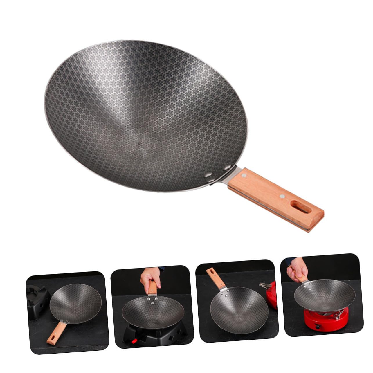GANAZONO Wok Giapponese Piccolo in Ferro con Fondo Tondo per Cucina Induzione e Outdoor Manico in Legno Resistente alle Alte Temperature Padella Antiaderente Facile da Pulire