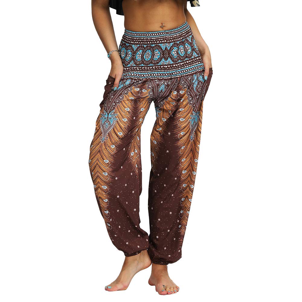 Nuofengkudu Mujer Hippies Pantalones Bolsillos Estampados Yoga Pants