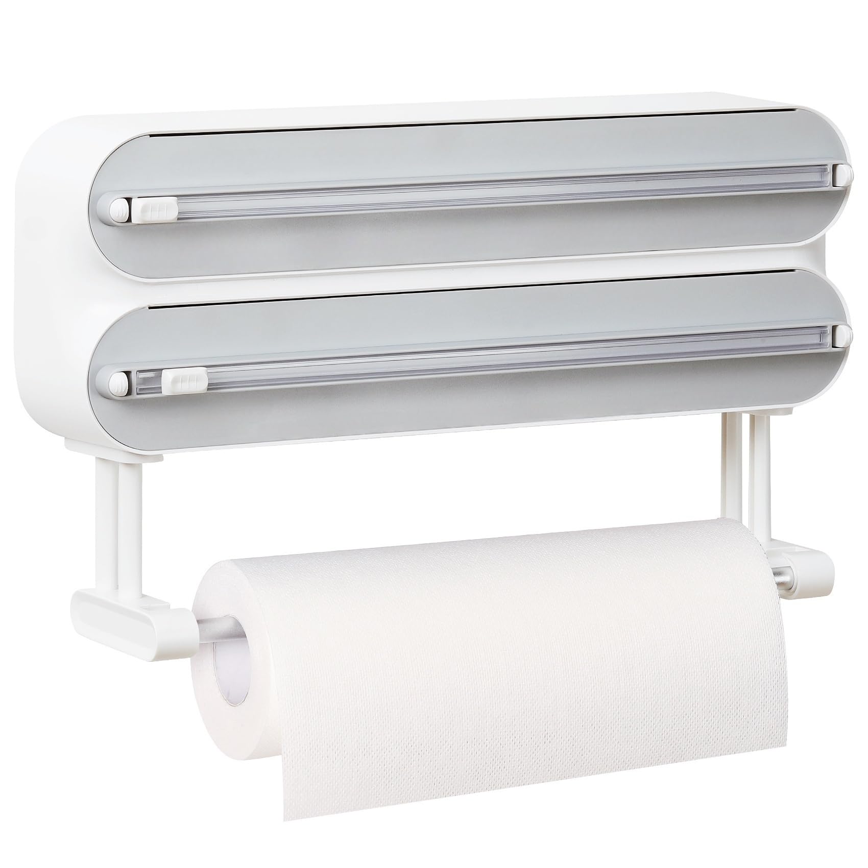 Magnetic Plastic Wrap Dispenser with Cutter - Refillable Aluminum Tin Foil and Plastic Wrap Organizer for Kitchen, Quasziwa Upgraded 3 in 1 Paper Towel Holder Wall Mount - Fits 12