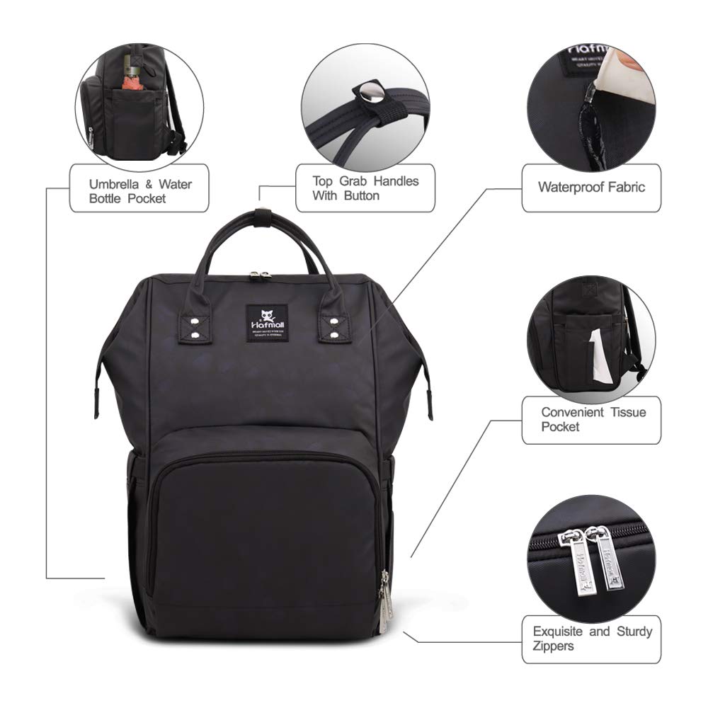 Hafmall Sac à Dos à Langer Imperméable à L'eau Sac de Bébé Voyage,Sac à langer Stylé de Grande Capacité avec Tapis à Langer et Crochets de Poussette (Noir)
