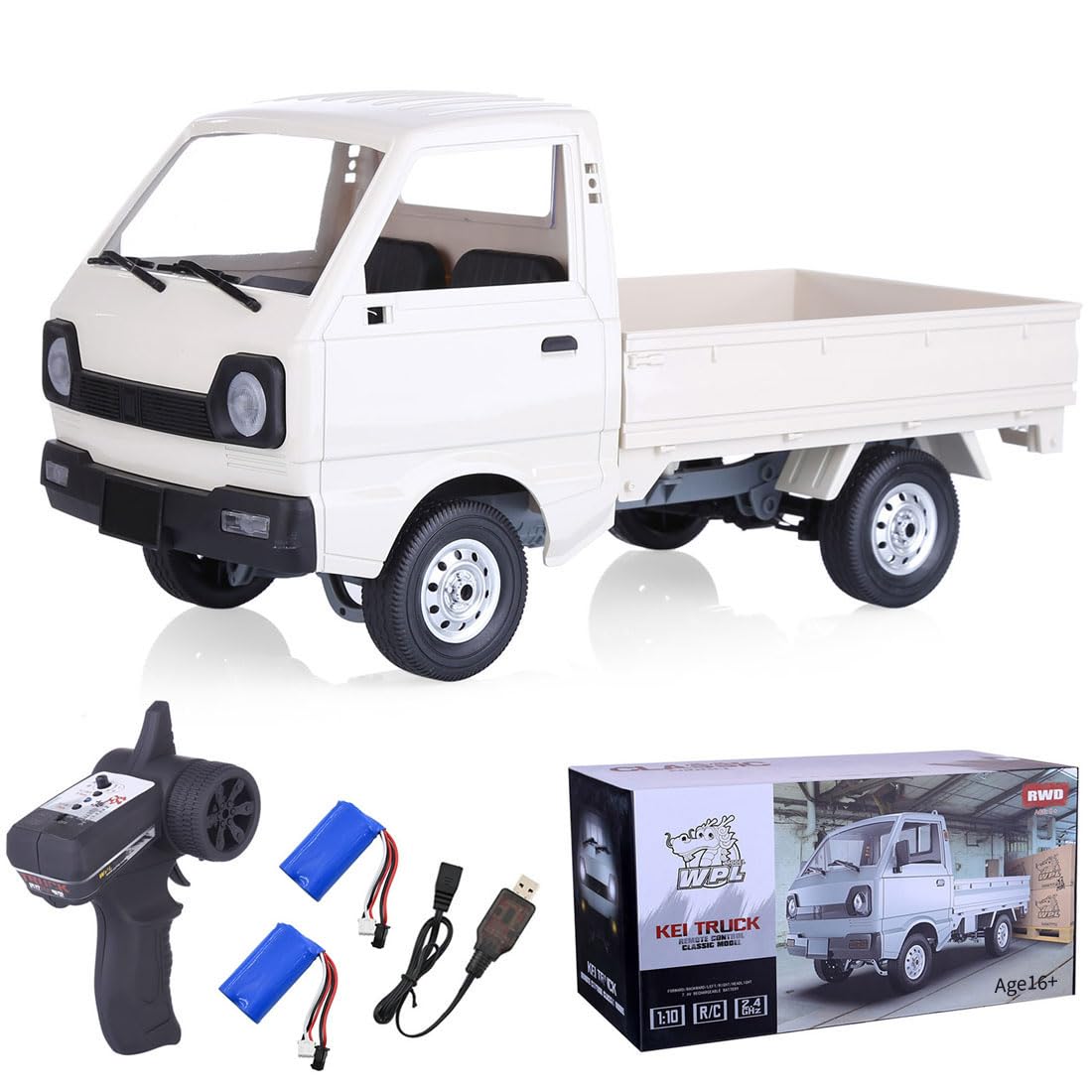 TBRICKFUNR RC Truck, WPL D12 1/10 Scale 2.4Ghz Remote Control Mini Cargo Truck with LED Light and Double Batteries, Gift for Enthusiasts