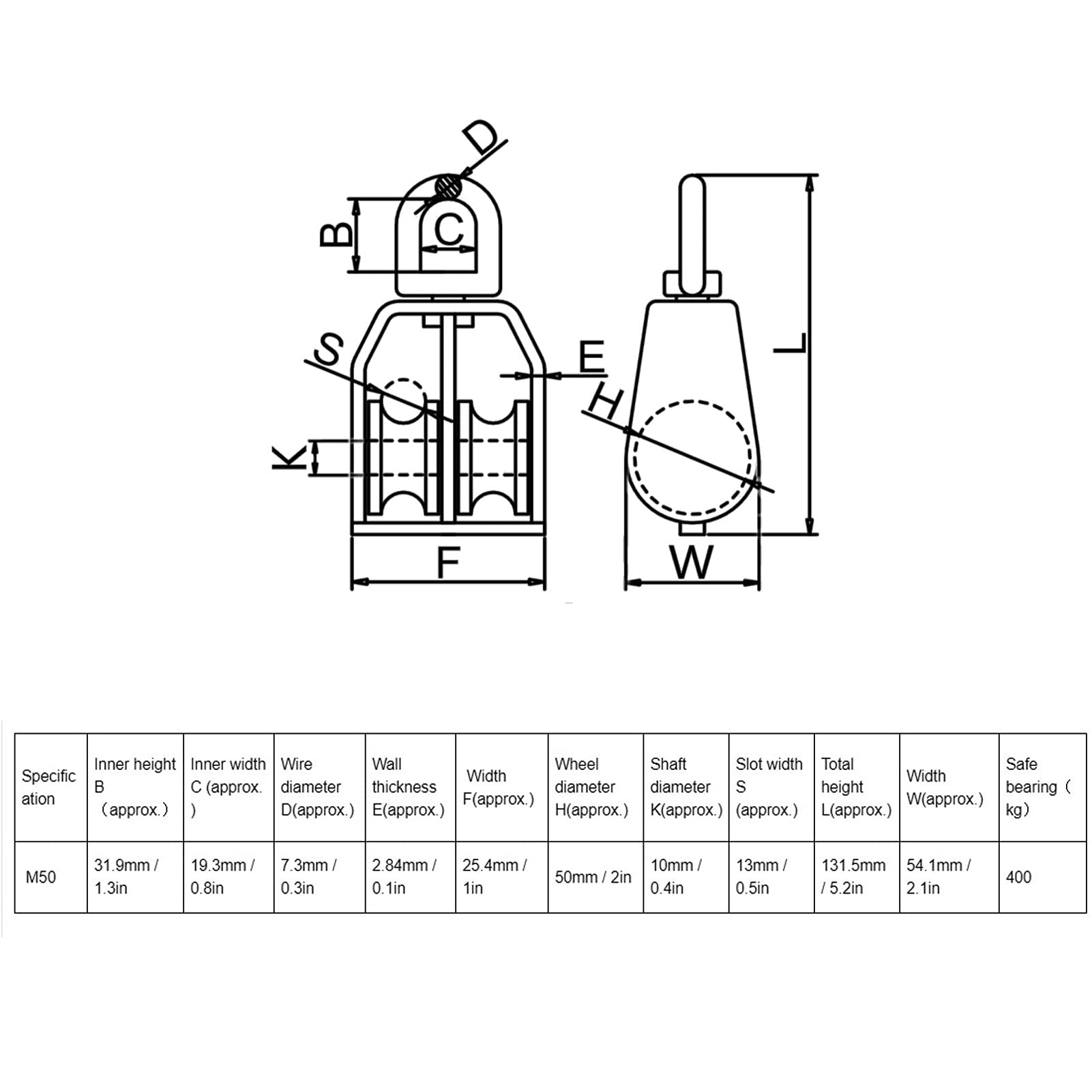 Bloque de polea individual de acero inoxidable M50 con gancho giratorio, juego de 2 piezas para cuerda de elevación, aplicaciones C y Equint, y resistente para un rendimiento óptimo