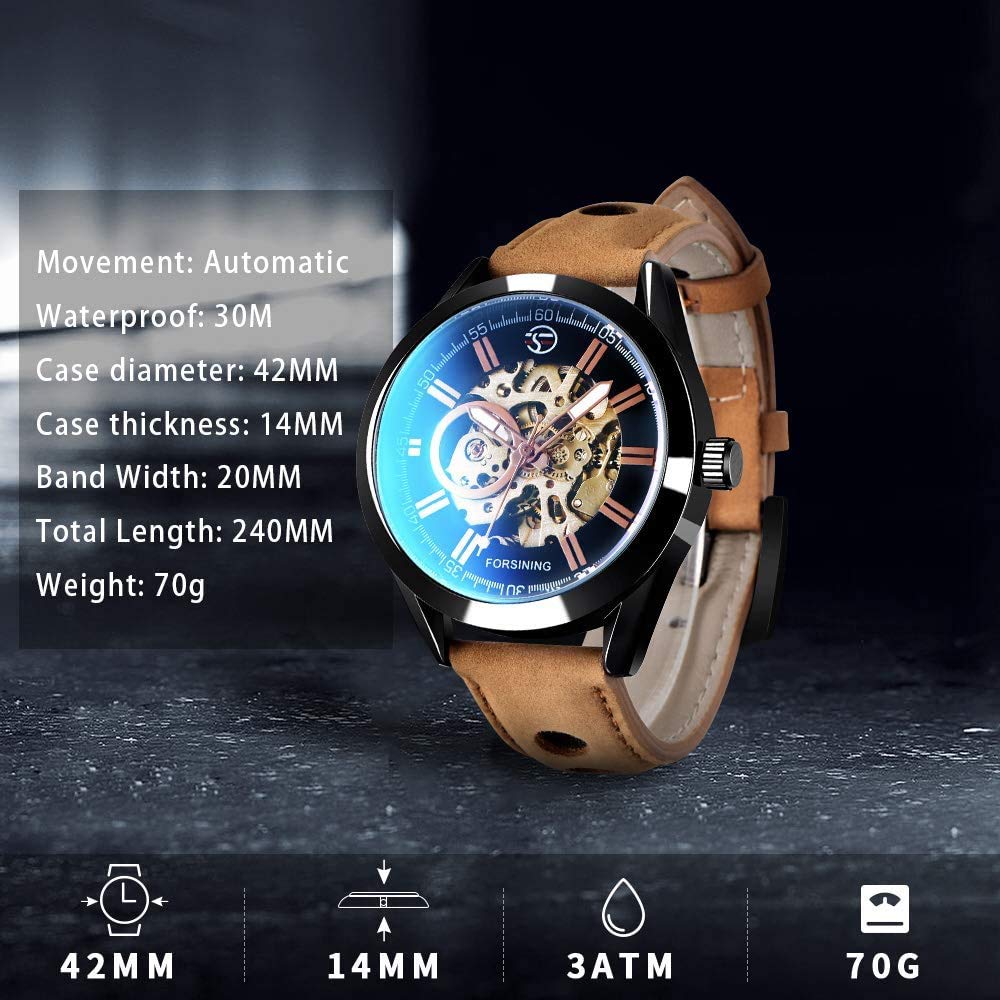 MASTOP Herren-Armbanduhr, automatisch, mechanisch, luxuriös, offenes Design, selbstaufziehend, Leder