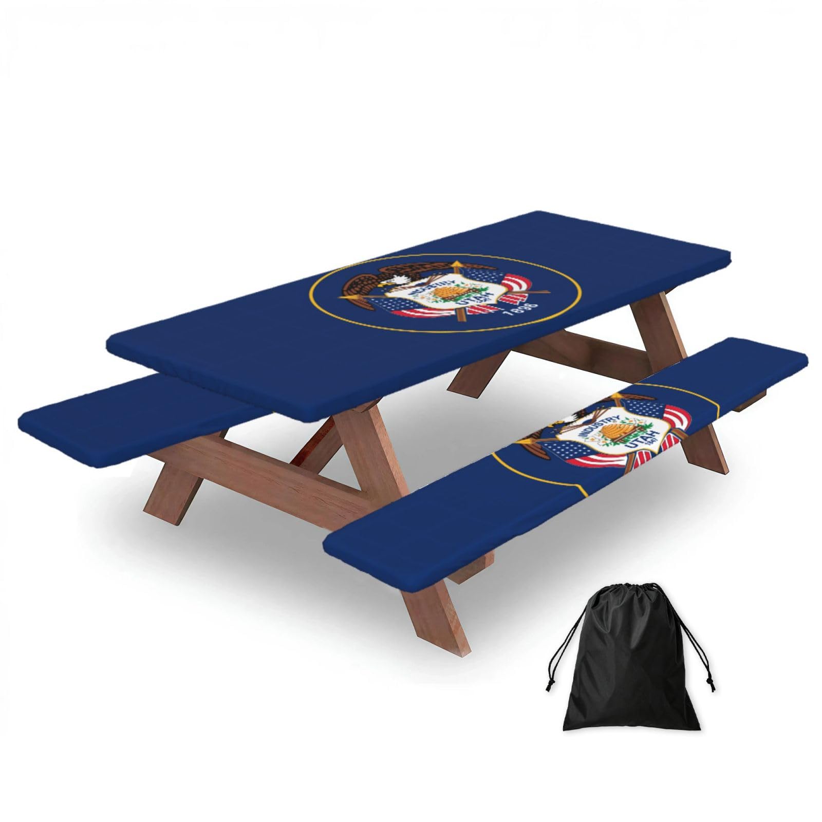 Hhbiuuo Black 72In Camping Table Cover & Bench Covers 3-Pack Set, Utah Flag Print Tablecloths, For Rectangle Tables Picnic