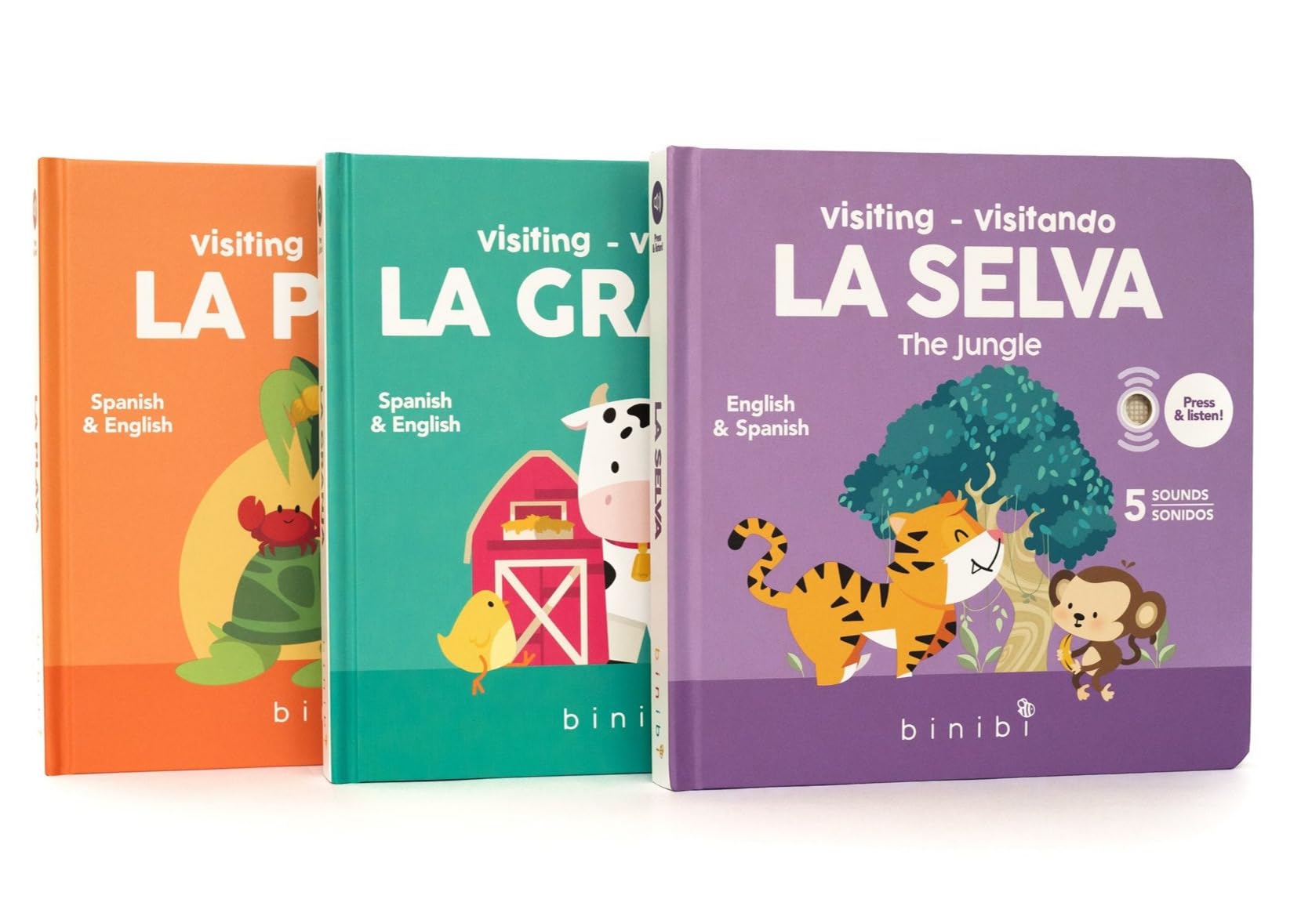 Binibi Bilingual Animal Sound Book Bundle for Babies & Toddlers 1-3 | 5 Fun Animal Sounds | Interactive Spanish Baby Books