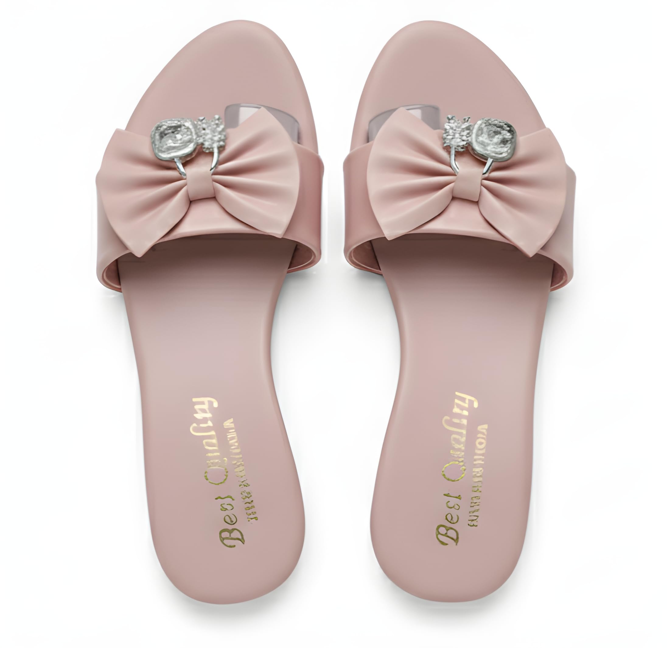Boneyfit Women's Flat Slide Sandals with Bow Detail and Crystal Embellishment, peach-image-48
