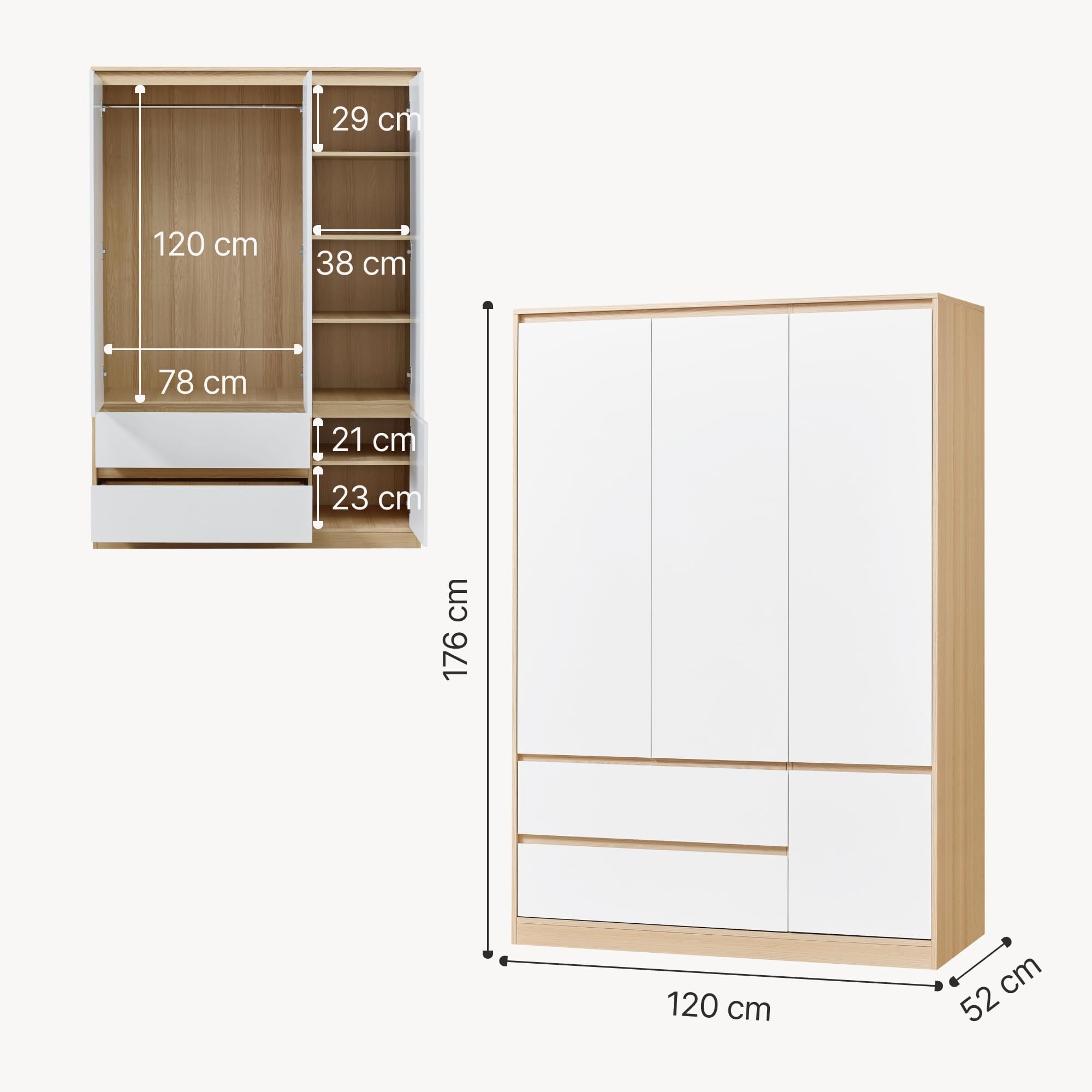 [en.casa] Armario Ropero Bastheim Práctico Armario Dormitorio con 4 Puertas 1 Perchero 6 Compartimentos 2 Cajones Fácil de Limpiar MDF 176 x 80 x 52 cm - Efecto Roble y Puertas Blancas